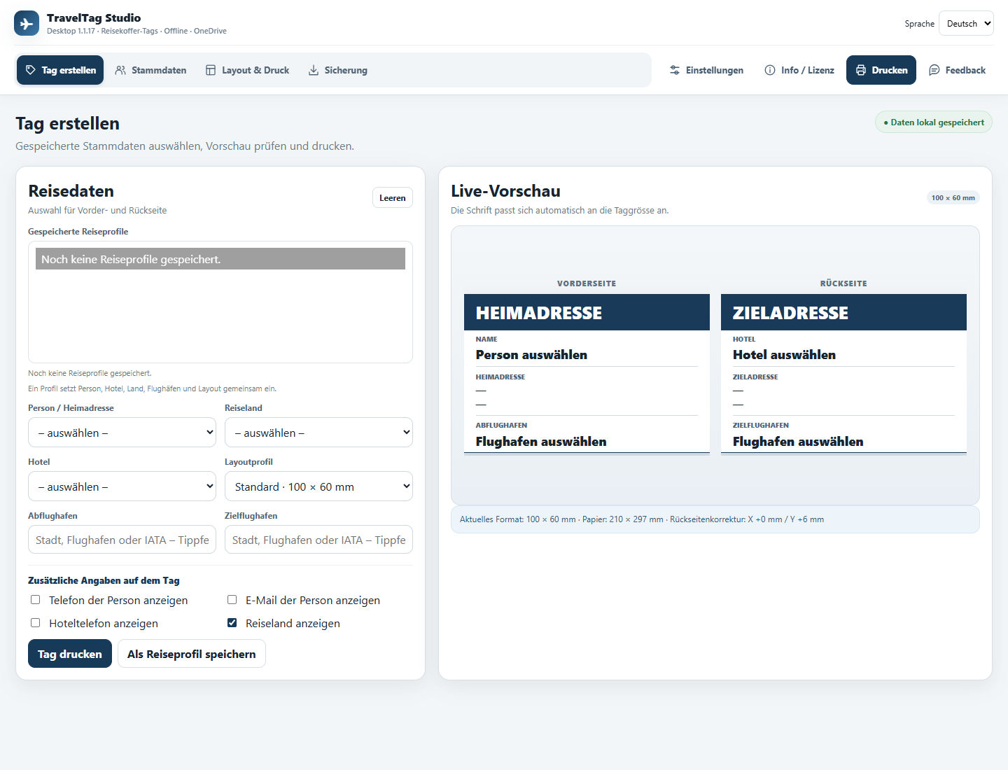 Echte Programmoberfläche von TravelTag Studio mit leerem Startformular